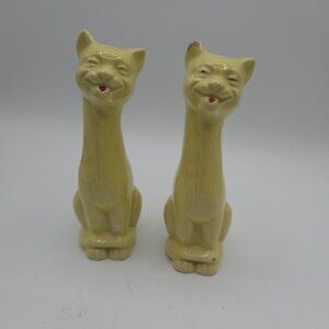 Vintage Yellow Ceramic Cat Salt and Pepper Shakers MCM 5.5" Tall